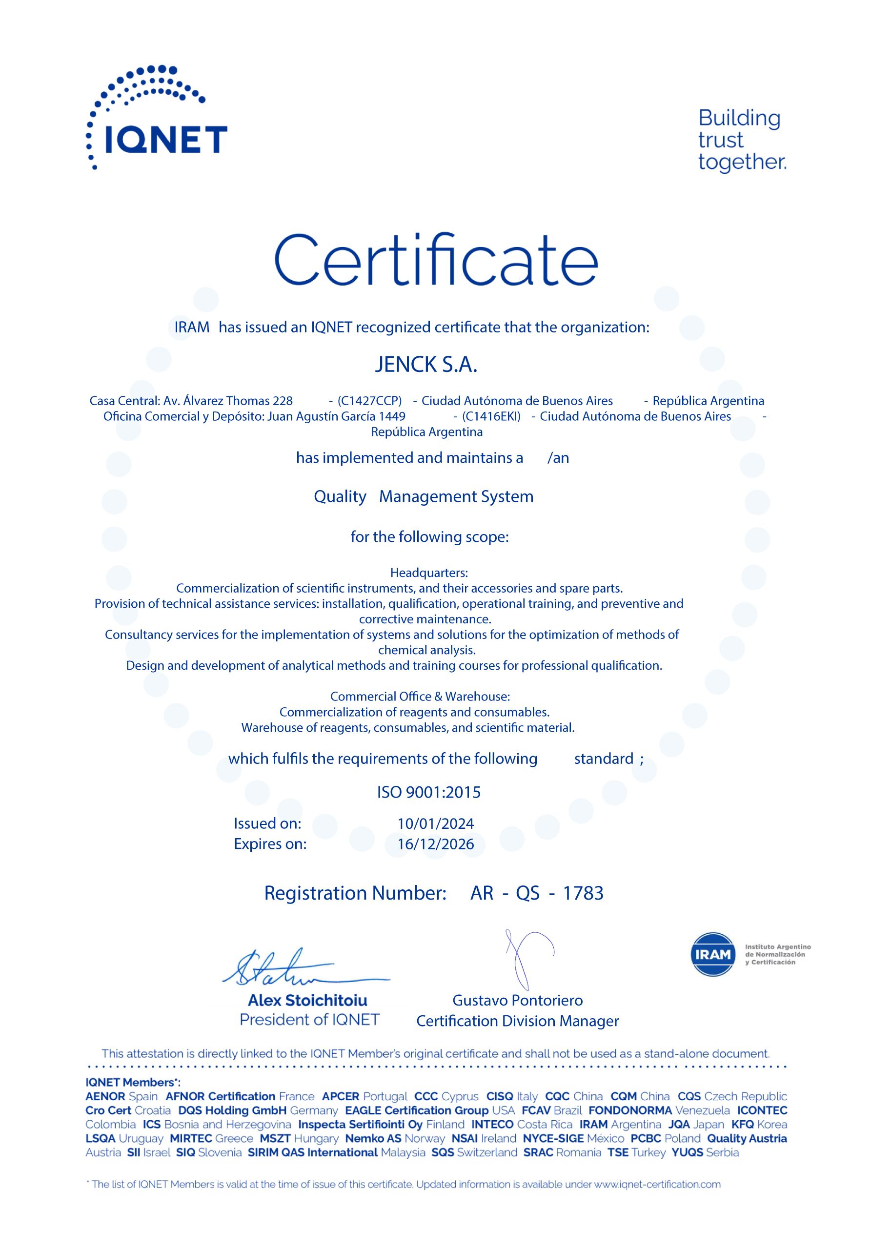 Certificado IQNet de Jenck